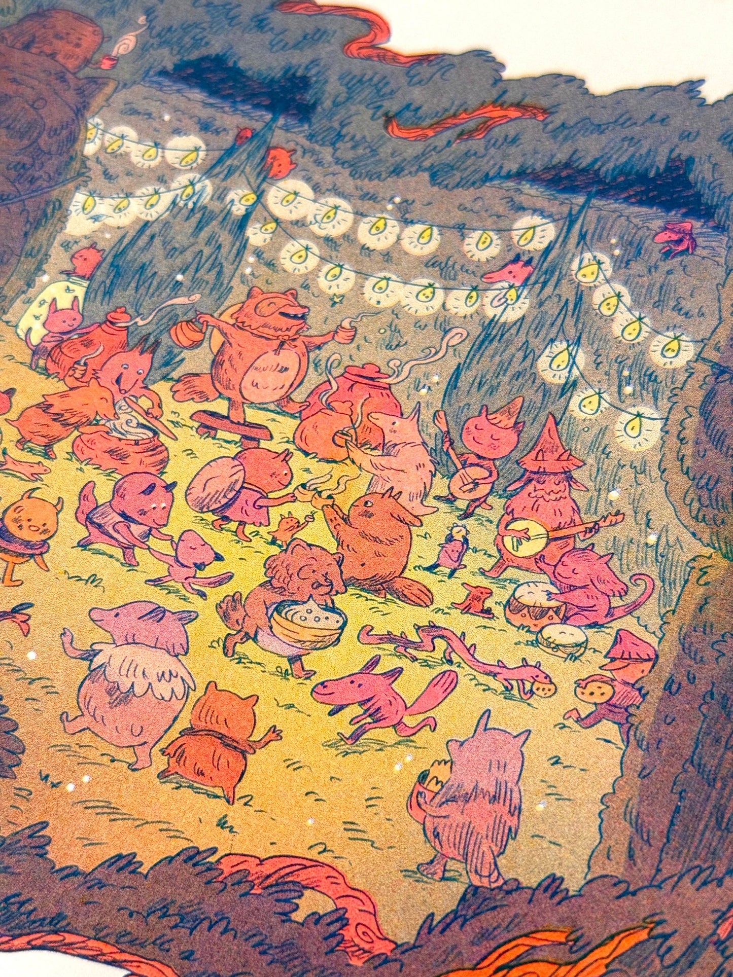 Maze’s End risograph print, Natalie Andrewson print, Magic the Gathering Secret Lair art, Tanuki Commander art print, small riso art, fluorescent riso print, fantasy art print, MTG art collectible, indie printmaker illustration, narrative risograph artwork, vibrant riso wall art, fluorescent ink print, Magic card artist print, Rogue & Rye art collection.