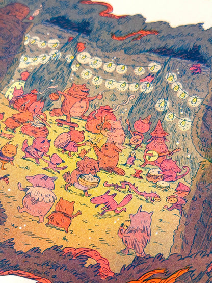 Maze’s End risograph print, Natalie Andrewson print, Magic the Gathering Secret Lair art, Tanuki Commander art print, small riso art, fluorescent riso print, fantasy art print, MTG art collectible, indie printmaker illustration, narrative risograph artwork, vibrant riso wall art, fluorescent ink print, Magic card artist print, Rogue & Rye art collection.