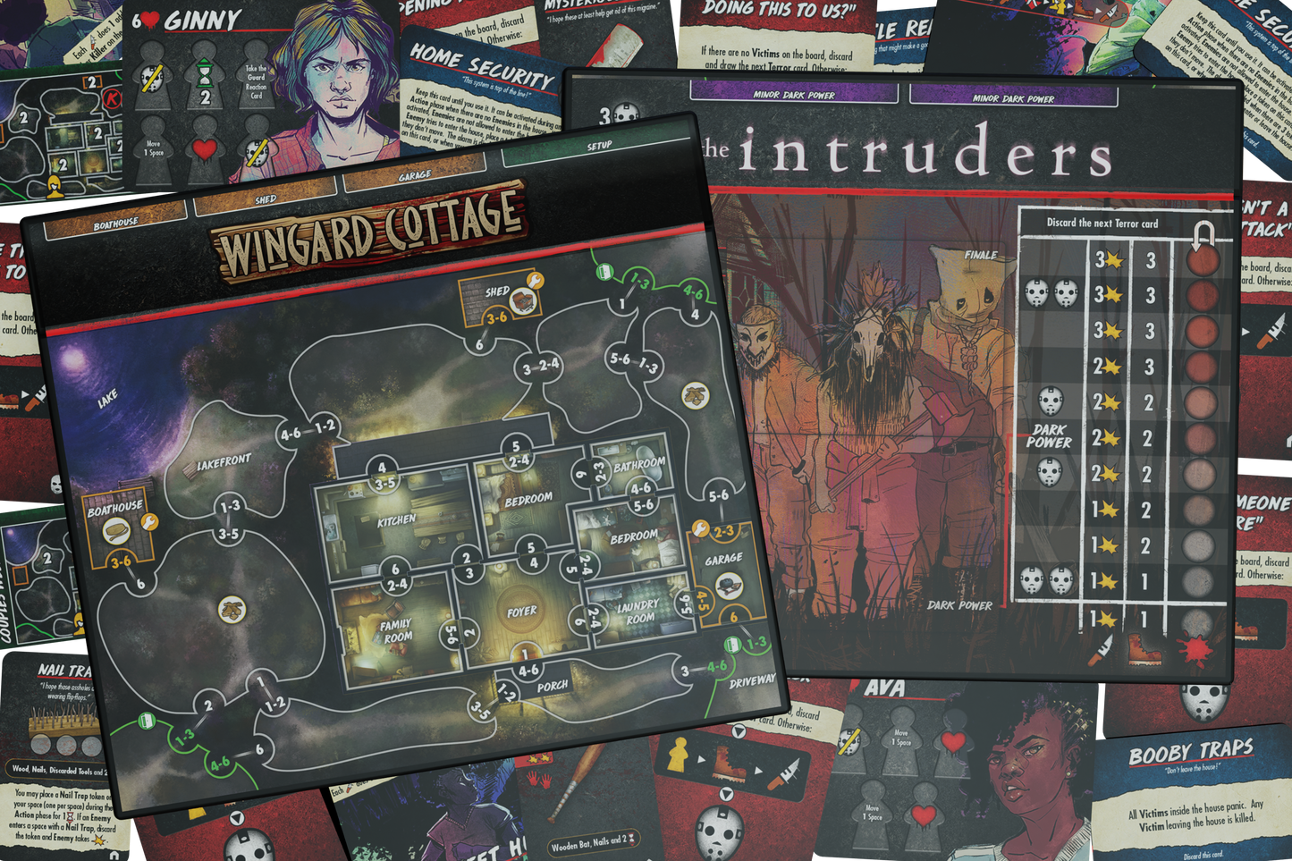 final girl a knock at the door, final girl expansion, final girl feature film, horror board game expansion, home invasion horror board game, solo horror board game, van ryder games, final girl intruders, final girl wingard cottage, cinematic horror game, campy horror board game, modular board game expansion, spooky game night, halloween board game, solo tabletop game