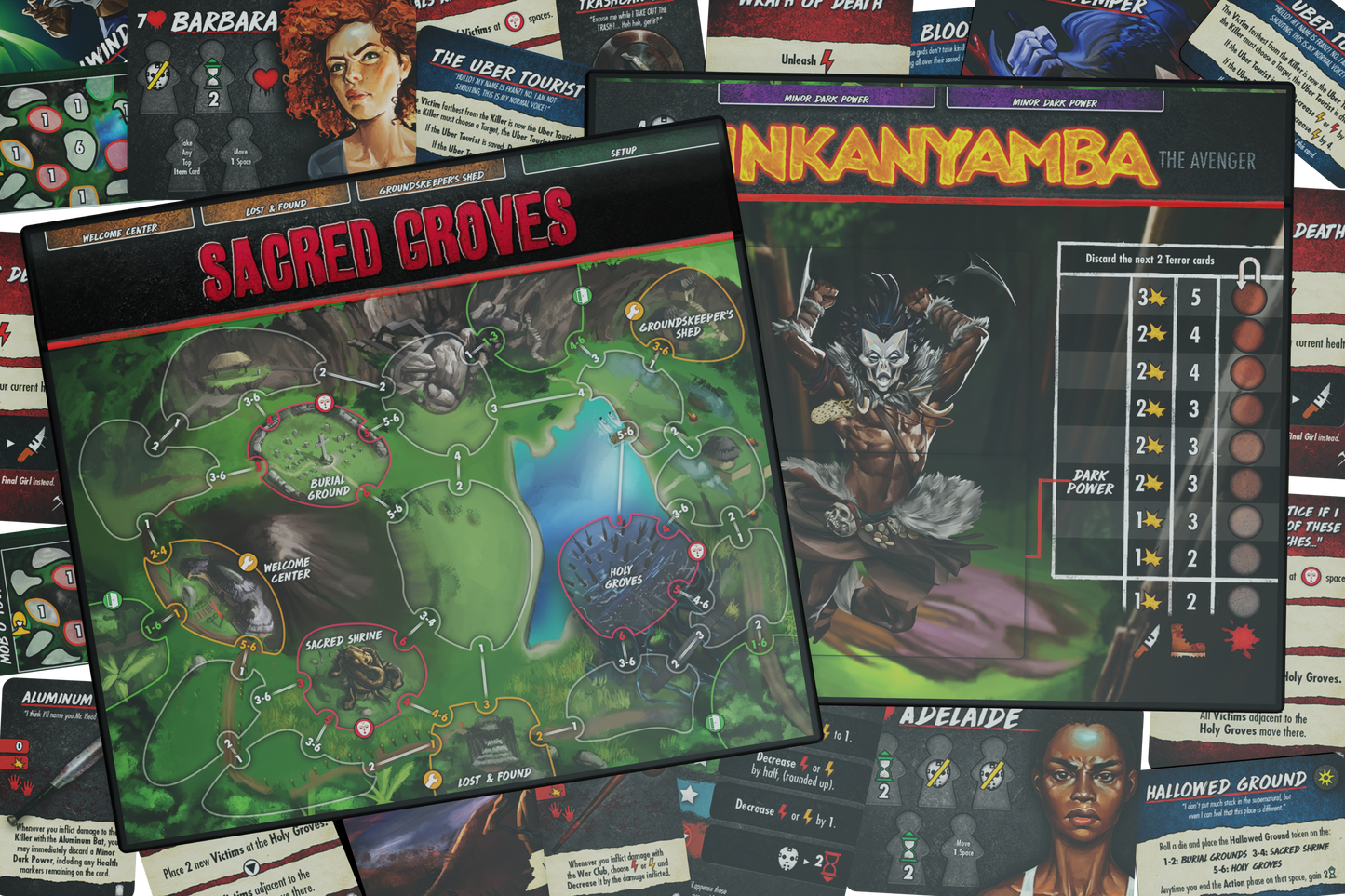 final girl slaughter in the groves, final girl expansion, final girl feature film, horror board game expansion, solo horror board game, van ryder games, final girl inkanyamba, final girl ancient groves, cinematic horror game, campy horror board game, myth inspired horror game, modular board game expansion, spooky game night, halloween board game, solo tabletop game