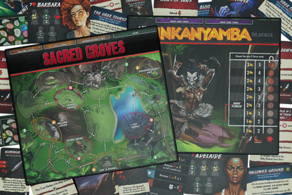 final girl slaughter in the groves, final girl expansion, final girl feature film, horror board game expansion, solo horror board game, van ryder games, final girl inkanyamba, final girl ancient groves, cinematic horror game, campy horror board game, myth inspired horror game, modular board game expansion, spooky game night, halloween board game, solo tabletop game