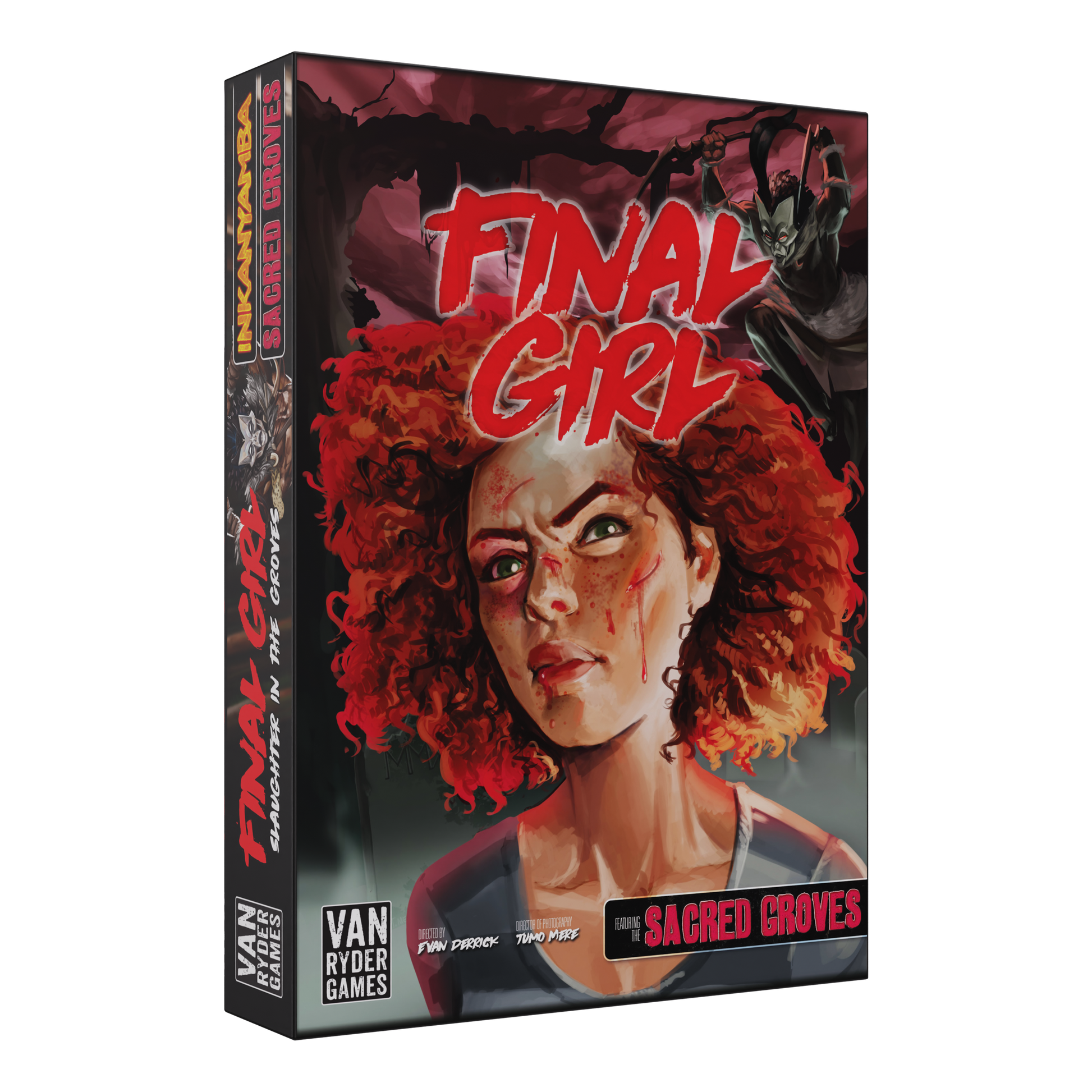 final girl slaughter in the groves, final girl expansion, final girl feature film, horror board game expansion, solo horror board game, van ryder games, final girl inkanyamba, final girl ancient groves, cinematic horror game, campy horror board game, myth inspired horror game, modular board game expansion, spooky game night, halloween board game, solo tabletop game