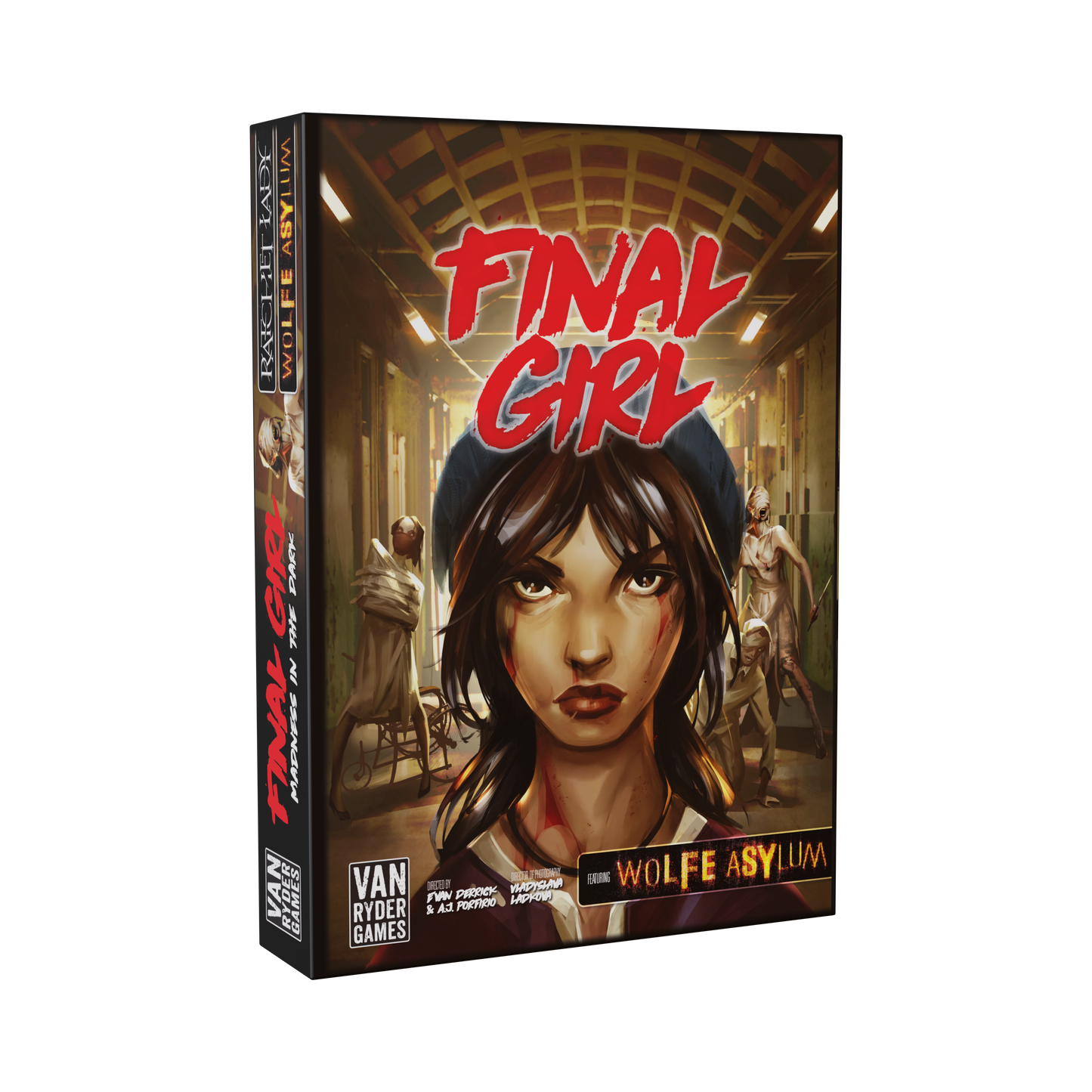 final girl madness in the dark, final girl expansion, final girl feature film, horror board game expansion, solo horror board game, psychological horror board game, van ryder games, final girl ratchet lady, final girl asylum, cinematic horror game, campy horror board game, modular board game expansion, spooky game night, halloween board game, solo tabletop game