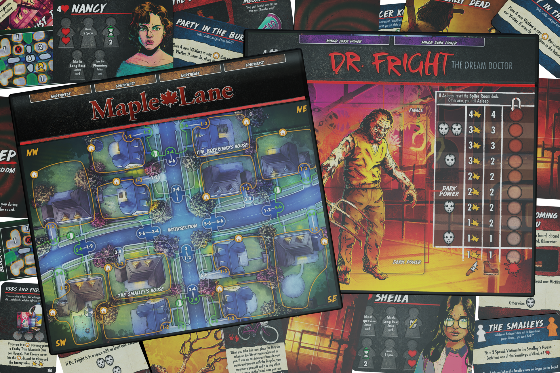 final girl frightmare on maple lane, final girl expansion, final girl feature film, dream horror board game, solo horror board game, suburban horror board game, van ryder games, final girl dr fright, final girl dream doctor, cinematic horror game, campy horror board game, modular board game expansion, spooky game night, halloween board game, solo tabletop game