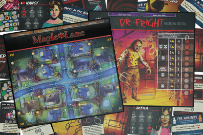 final girl frightmare on maple lane, final girl expansion, final girl feature film, dream horror board game, solo horror board game, suburban horror board game, van ryder games, final girl dr fright, final girl dream doctor, cinematic horror game, campy horror board game, modular board game expansion, spooky game night, halloween board game, solo tabletop game