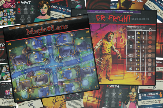 final girl frightmare on maple lane, final girl expansion, final girl feature film, dream horror board game, solo horror board game, suburban horror board game, van ryder games, final girl dr fright, final girl dream doctor, cinematic horror game, campy horror board game, modular board game expansion, spooky game night, halloween board game, solo tabletop game