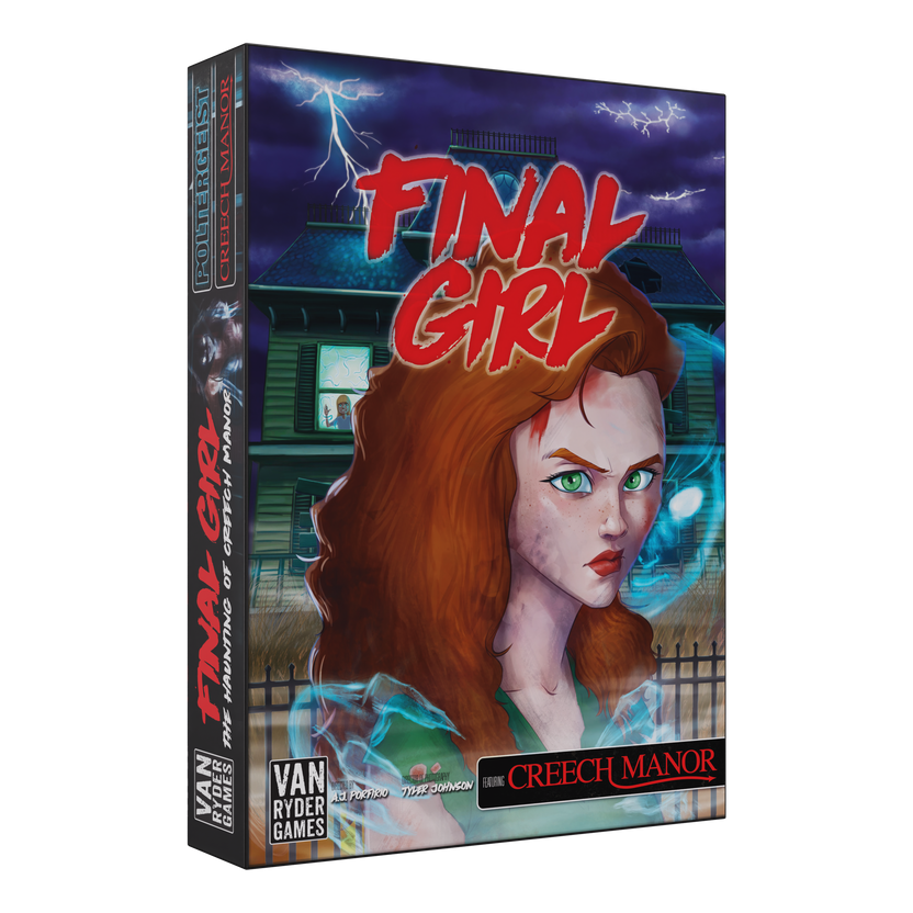 final girl haunting of creech manor, final girl expansion, final girl feature film, supernatural horror board game, solo horror board game, haunted house board game, van ryder games, final girl poltergeist, cinematic horror game, campy horror board game, modular board game expansion, spooky game night, halloween board game, solo tabletop game