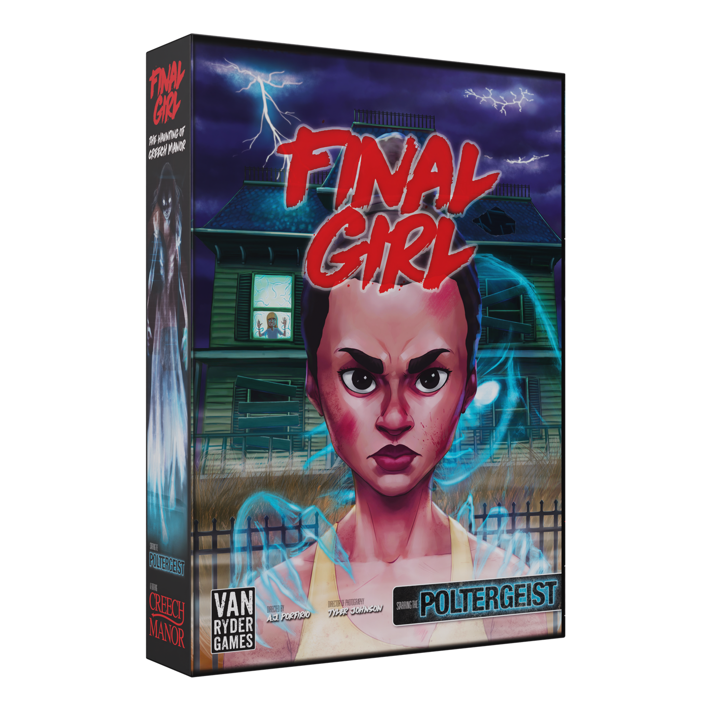 final girl haunting of creech manor, final girl expansion, final girl feature film, supernatural horror board game, solo horror board game, haunted house board game, van ryder games, final girl poltergeist, cinematic horror game, campy horror board game, modular board game expansion, spooky game night, halloween board game, solo tabletop game