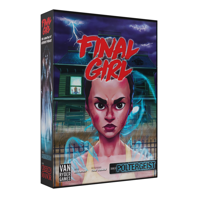 final girl haunting of creech manor, final girl expansion, final girl feature film, supernatural horror board game, solo horror board game, haunted house board game, van ryder games, final girl poltergeist, cinematic horror game, campy horror board game, modular board game expansion, spooky game night, halloween board game, solo tabletop game