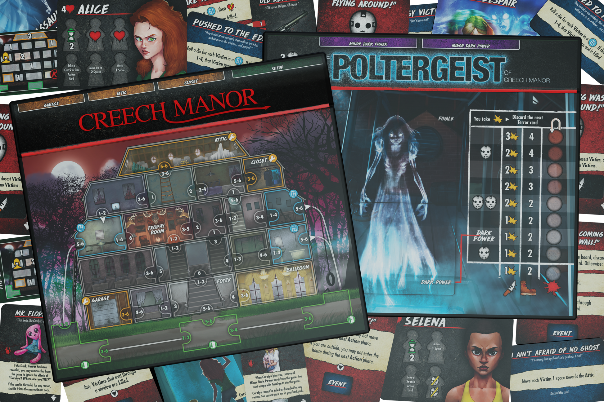 final girl haunting of creech manor, final girl expansion, final girl feature film, supernatural horror board game, solo horror board game, haunted house board game, van ryder games, final girl poltergeist, cinematic horror game, campy horror board game, modular board game expansion, spooky game night, halloween board game, solo tabletop game