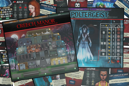 final girl haunting of creech manor, final girl expansion, final girl feature film, supernatural horror board game, solo horror board game, haunted house board game, van ryder games, final girl poltergeist, cinematic horror game, campy horror board game, modular board game expansion, spooky game night, halloween board game, solo tabletop game