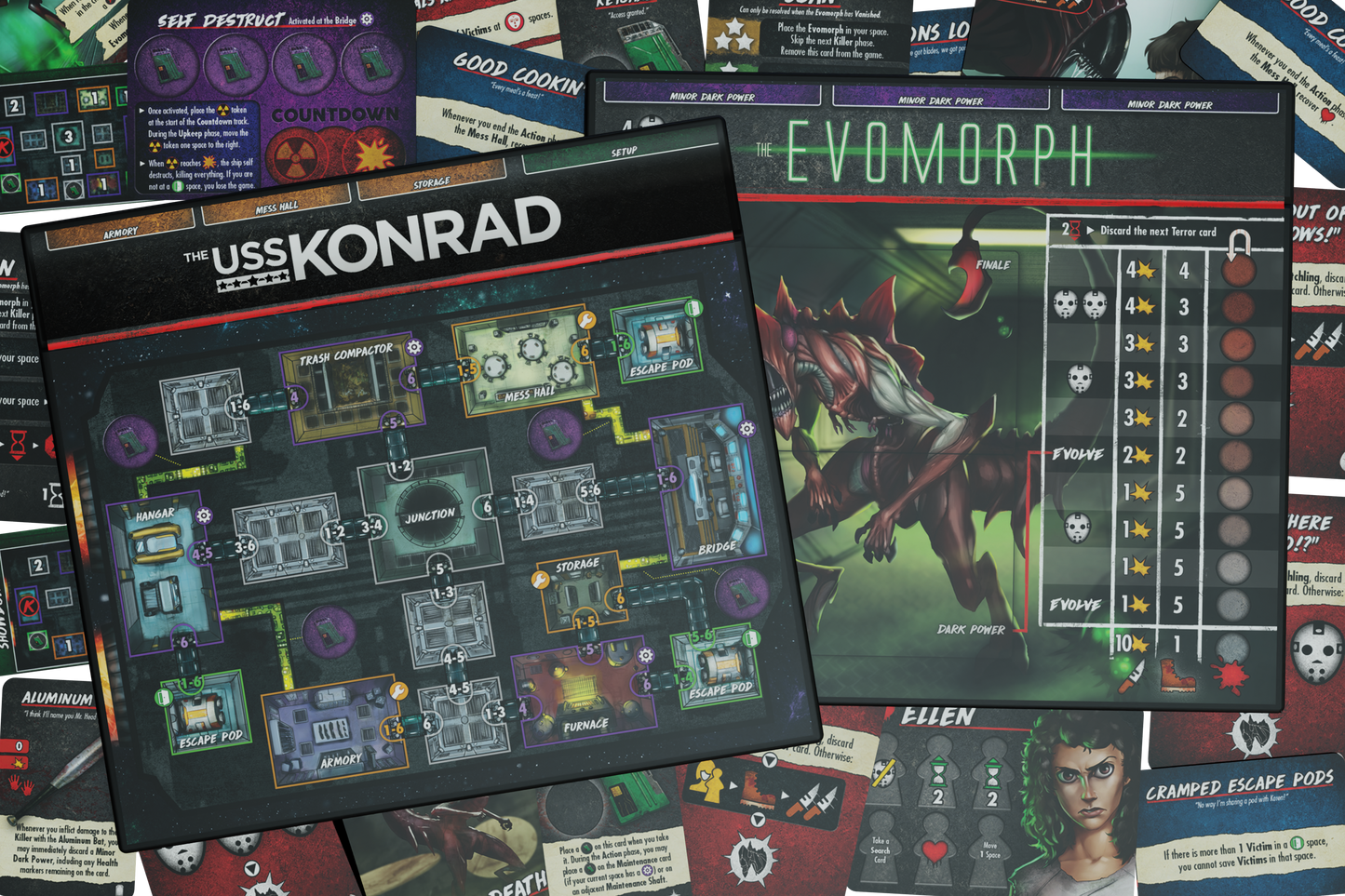 final girl into the void, final girl expansion, final girl feature film, sci fi horror board game, space horror board game, solo horror board game, van ryder games, final girl evomorph, cinematic horror game, campy horror board game, modular board game expansion, spooky game night, halloween board game, solo tabletop game, alien inspired horror game