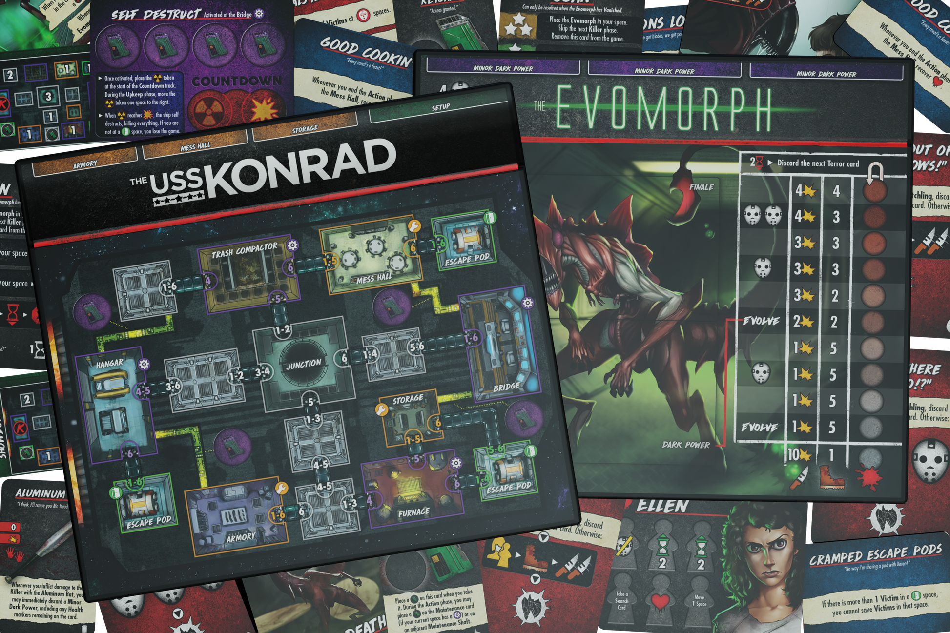 final girl into the void, final girl expansion, final girl feature film, sci fi horror board game, space horror board game, solo horror board game, van ryder games, final girl evomorph, cinematic horror game, campy horror board game, modular board game expansion, spooky game night, halloween board game, solo tabletop game, alien inspired horror game