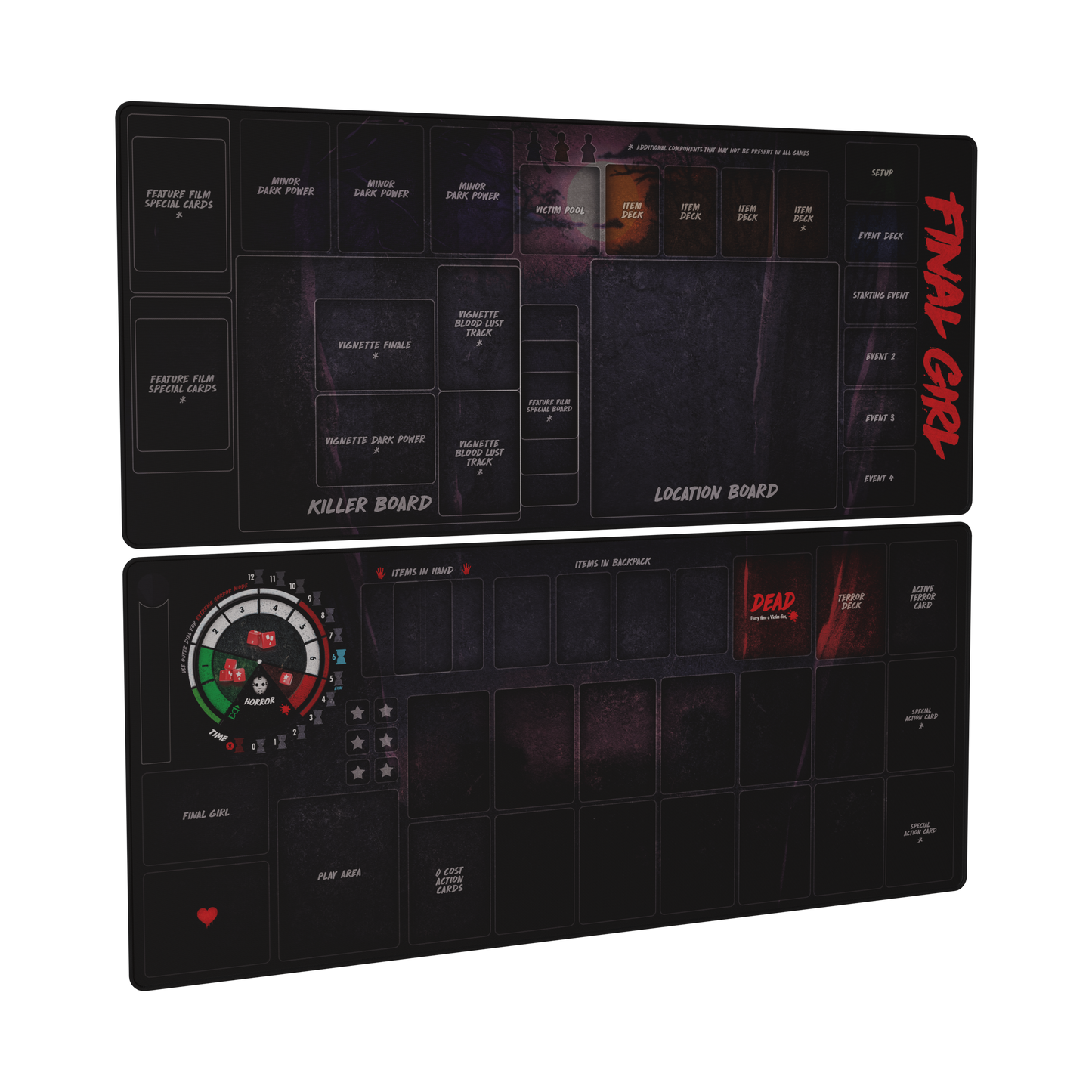 final girl game mat series 2, final girl playmat, final girl board game mat, solo horror board game mat, tabletop game mat, van ryder games accessory, final girl accessories, board game play mat, horror board game accessory, final girl compatible playmat, cinematic board game mat