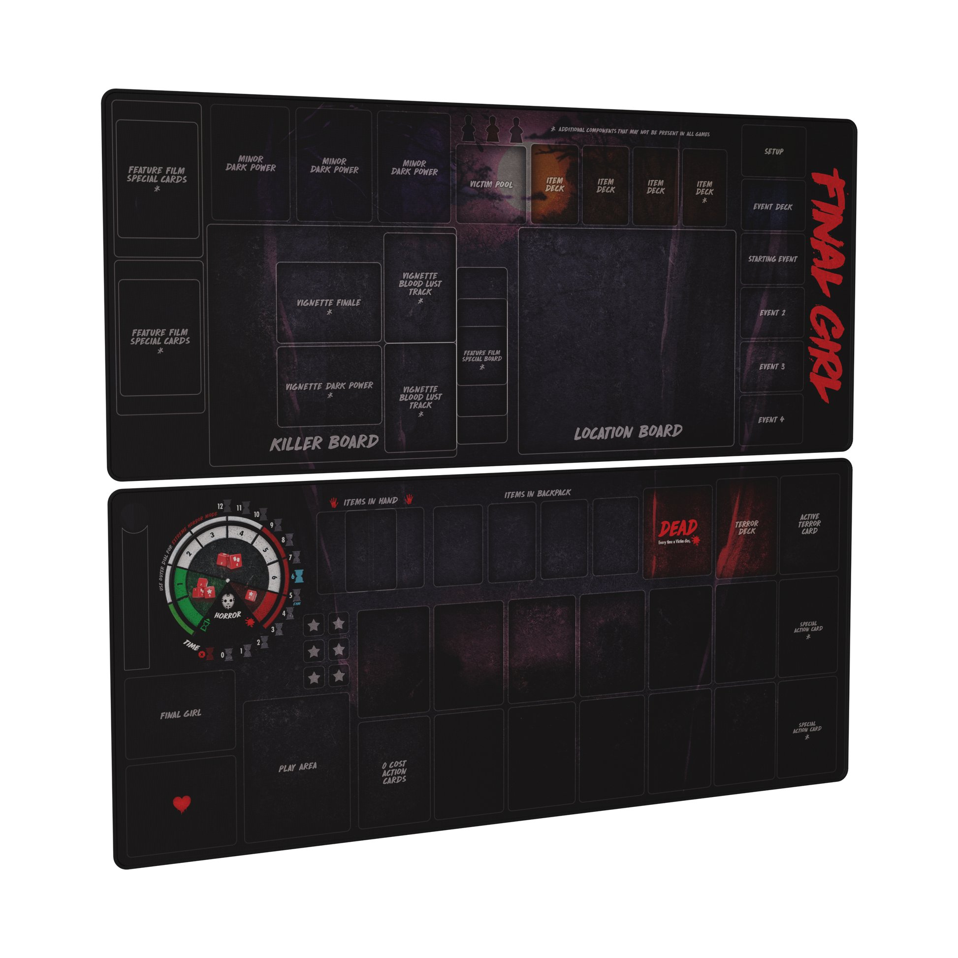 final girl game mat series 2, final girl playmat, final girl board game mat, solo horror board game mat, tabletop game mat, van ryder games accessory, final girl accessories, board game play mat, horror board game accessory, final girl compatible playmat, cinematic board game mat