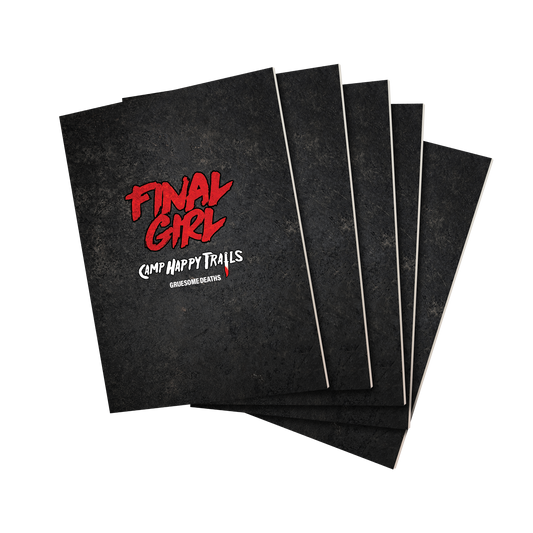 final girl gruesome death books, final girl narrative accessory, final girl series 1 accessory, horror board game accessory, solo horror board game, final girl immersion, van ryder games final girl, cinematic horror board game, spooky tabletop accessory, campy horror game, final girl storytelling