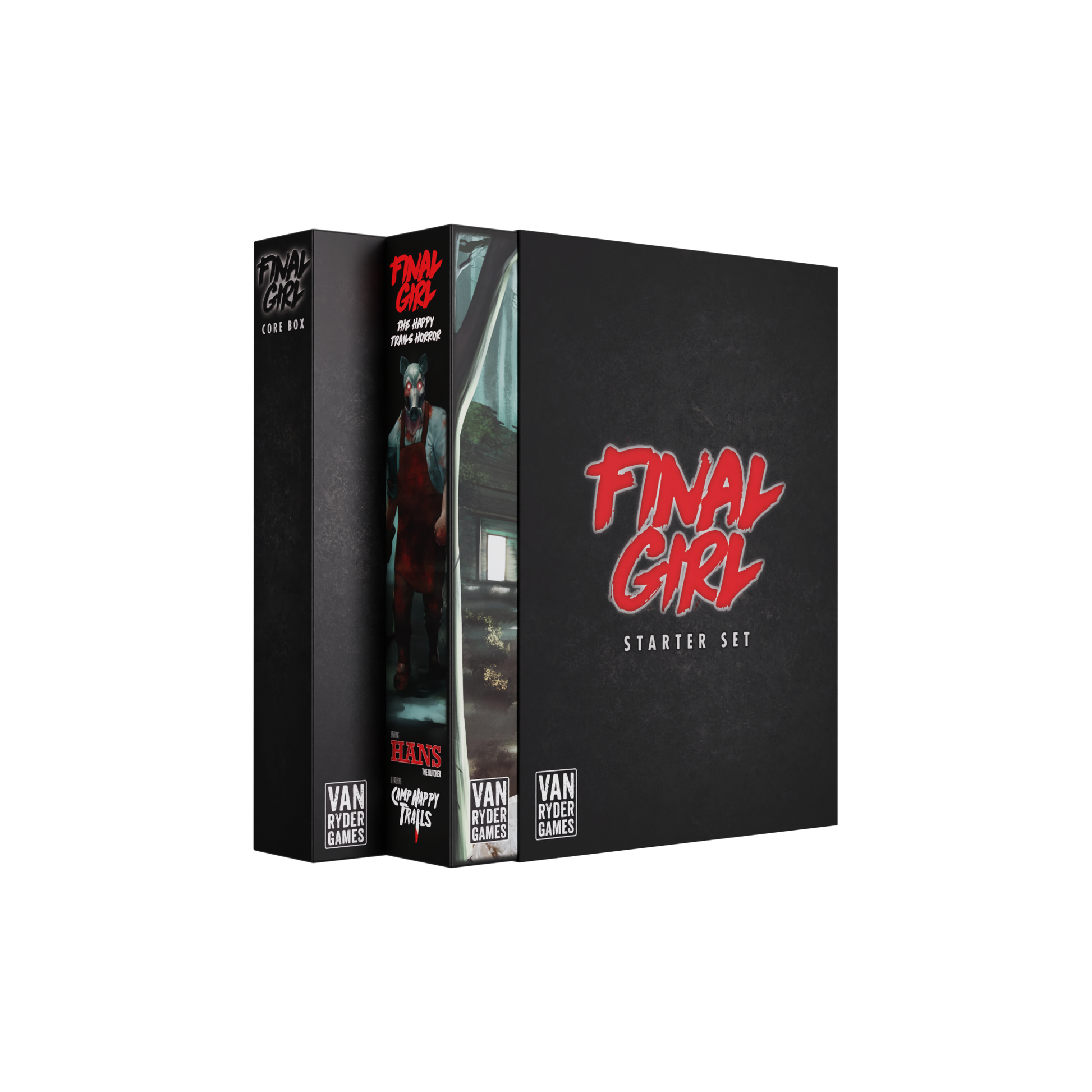 final girl starter set, final girl board game, solo horror board game, spooky board game, horror tabletop game, van ryder games, final girl core box, final girl happy trails horror, solo tabletop game, cinematic board game, horror game for one, campy horror game, modular board game, halloween board game, spooky game night, gift for board game fans, solo strategy game