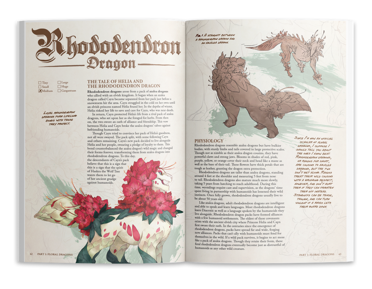 Floral Dragons book pages with dragon illustrations, lore, and natural history details