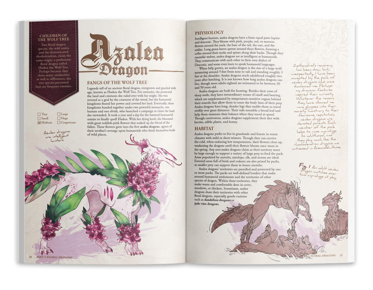 Open Floral Dragons bestiary showing illustrated dragon field guide entries