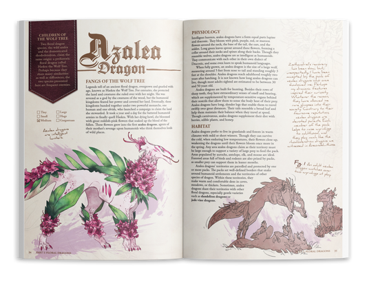 Open Floral Dragons bestiary showing illustrated dragon field guide entries