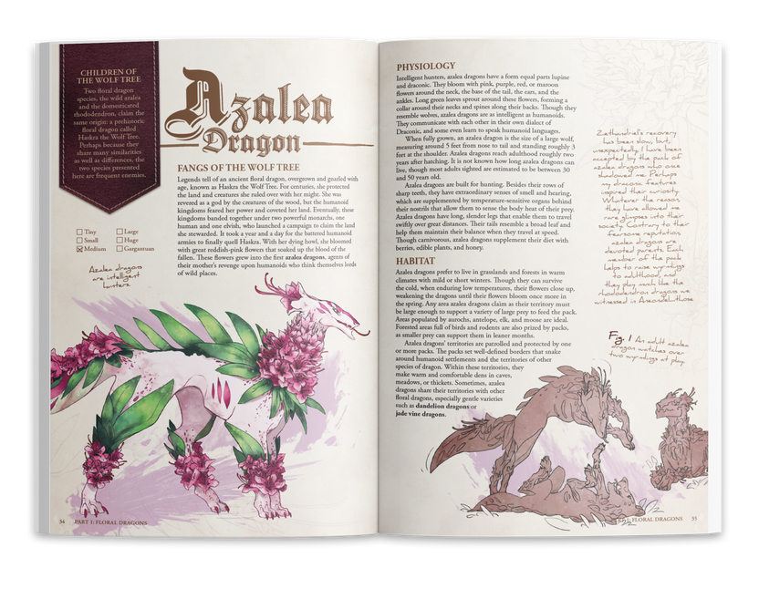 Open Floral Dragons bestiary showing illustrated dragon field guide entries