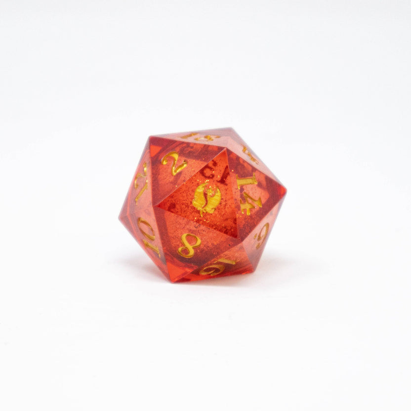 Oversized Bloom Pink Floral Dragons d20 with gold glitter liquid core