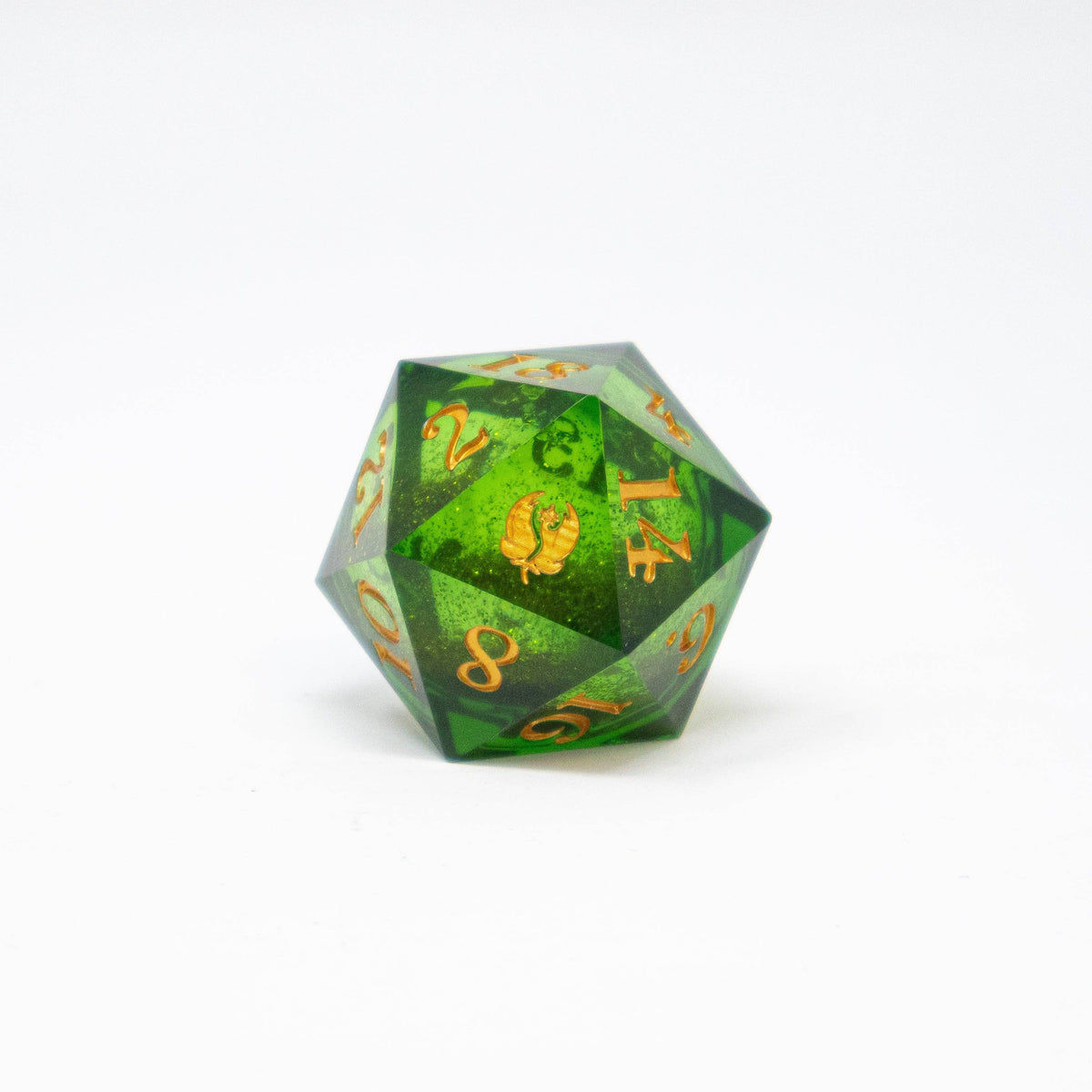 Oversized Leaf Green Floral Dragons d20 with gold glitter liquid core
