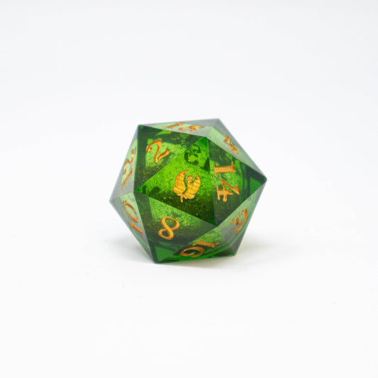 Oversized Leaf Green Floral Dragons d20 with gold glitter liquid core