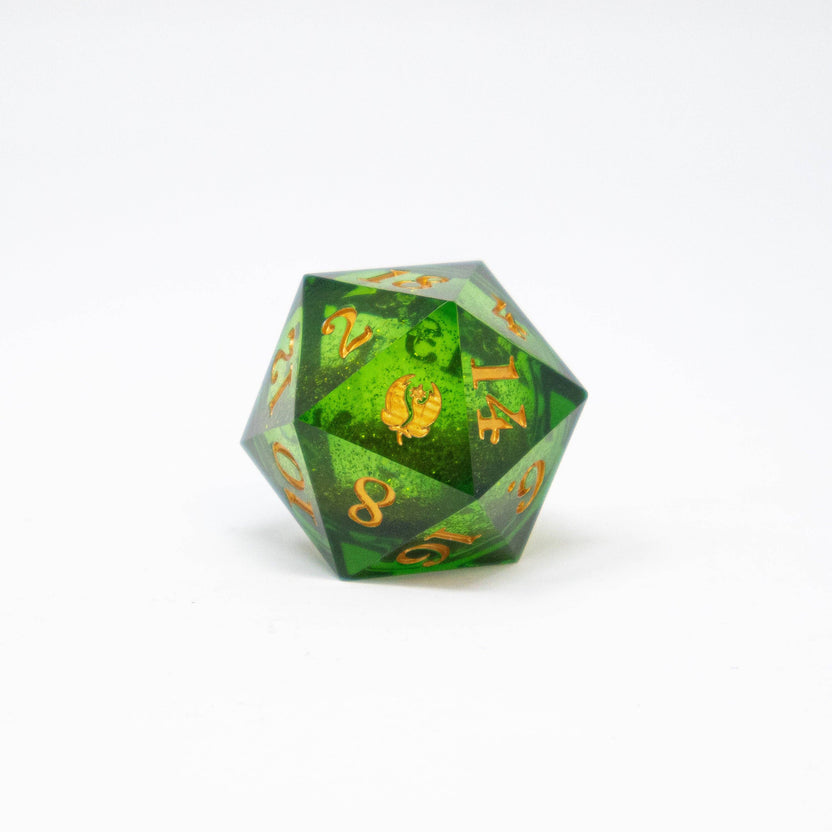 Oversized Leaf Green Floral Dragons d20 with gold glitter liquid core