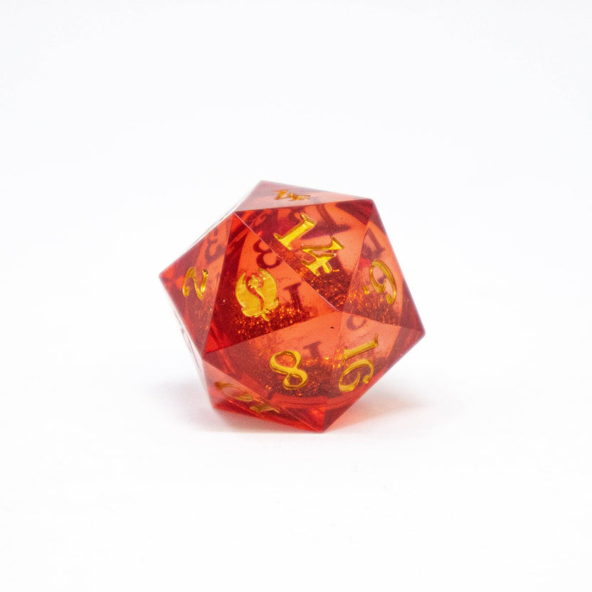 Pink Floral Dragons d20 showing gold numbers and floral dragon artwork
