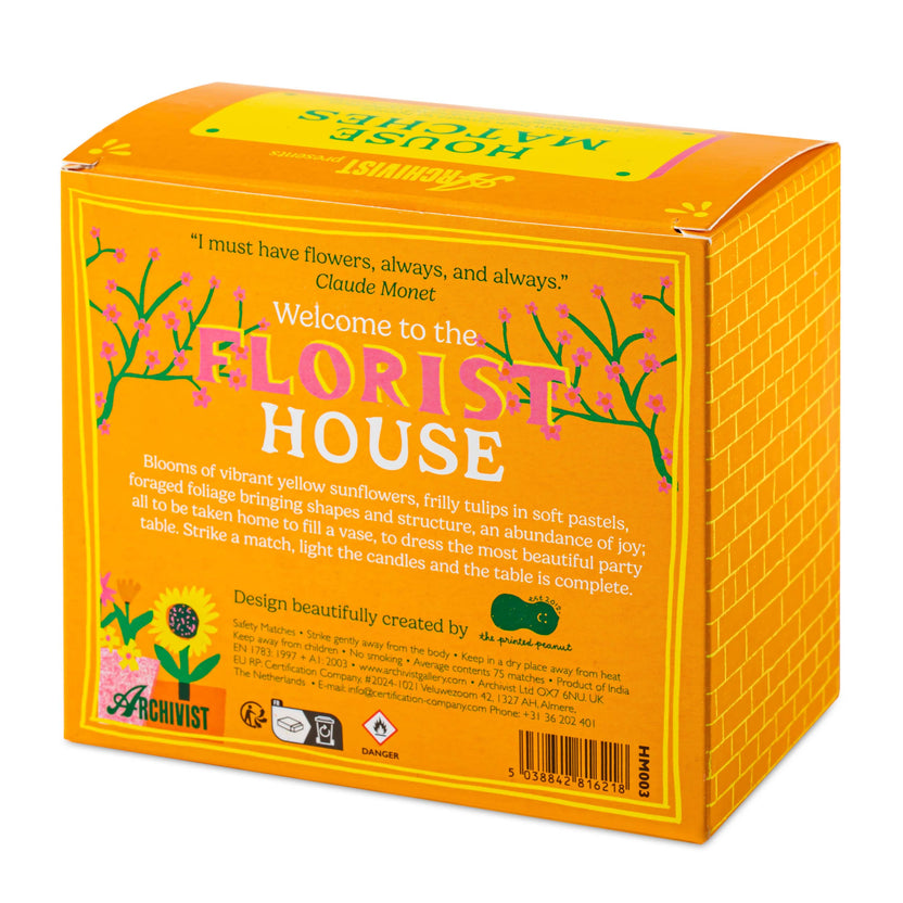 Florist House matchbox, house-shaped safety matches, The Printed Peanut illustration, flower shop matchbox design, floral gift idea, unique house matches, Archivist House Match collection, whimsical illustrated matchbox, botanical matchbox art, UK-made safety matches, flower lover gifts, colorful matchbox for candle lovers, Rogue & Rye curated gifts, artisan matchbox design.