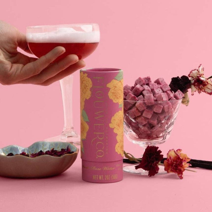 floral cocktail cubes, rose cocktail sugar cubes, RPG drink garnish, potion-themed cocktail accessory, DnD party drink ideas, organic rose cocktail cube, eco-friendly drink mixers, Flouwer Co. cocktail cubes, fantasy game night garnish