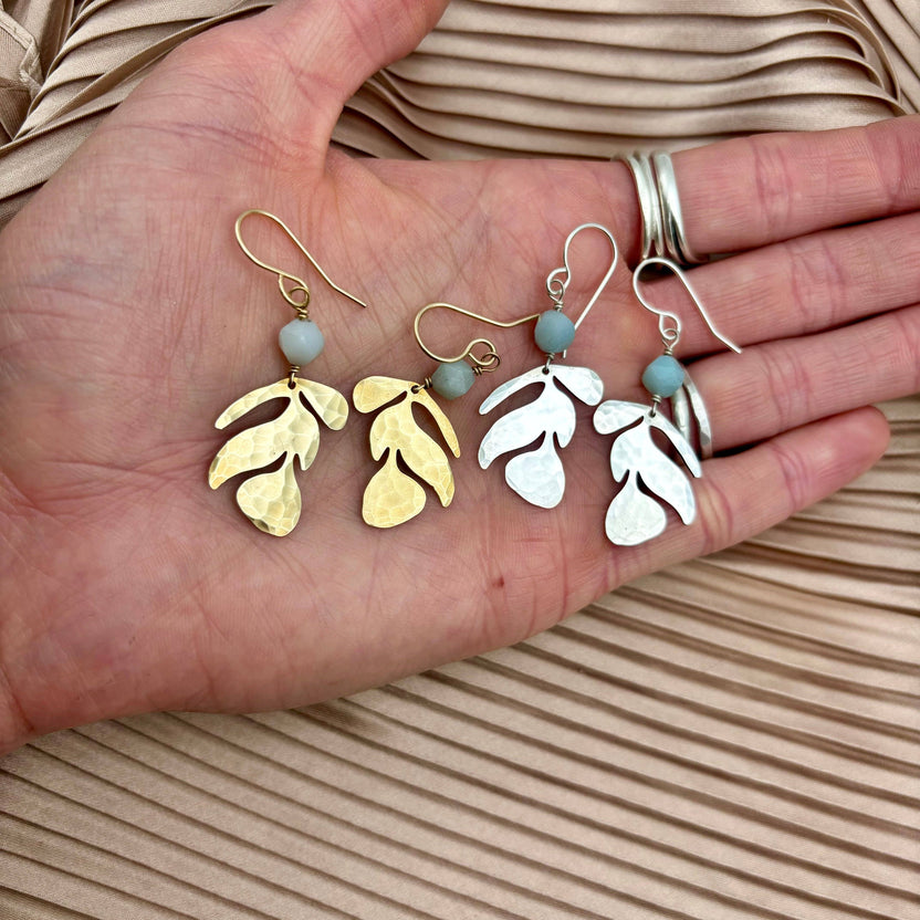flow earrings silver, amazonite bead earrings, geometric nature earrings, silver triangle and leaf earrings, sterling silver plated earrings, minimalist botanical jewelry, handmade silver earrings, everyday amazonite earrings, silver and gemstone earrings, lightweight silver earrings, hypoallergenic silver earrings, silver dangle earrings with bead, natural balance earrings, modern boho jewelry, clean line earrings