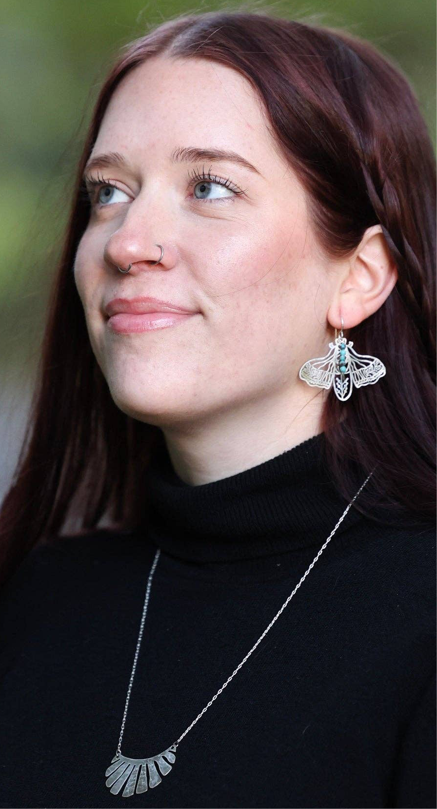 Fluff Hardware Peppered Moth Earrings featuring raw brass moth pendants, turquoise bead accents, and handmade 14k gold-filled ear wires.