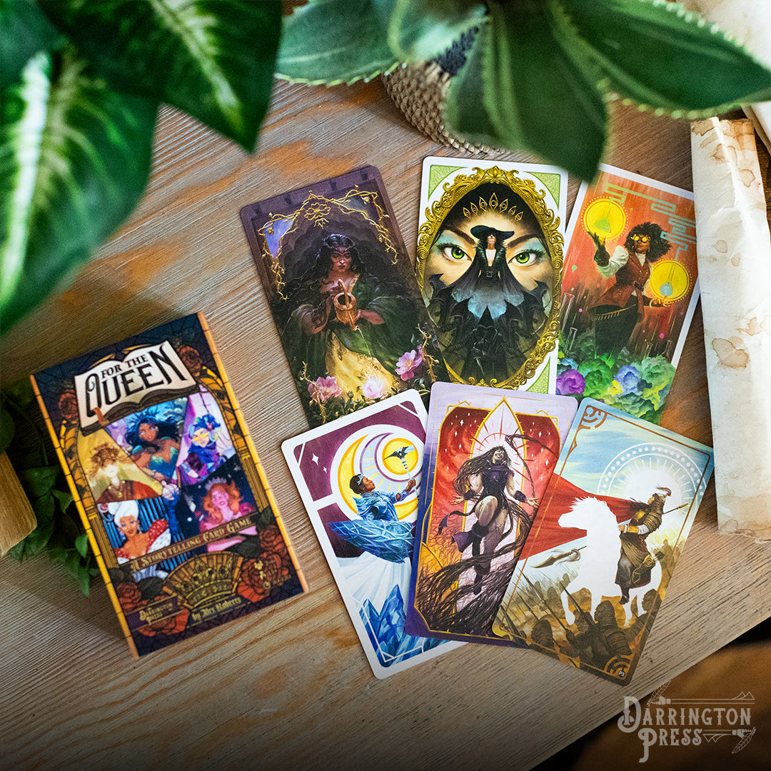 For the Queen storytelling game, Darrington Press narrative game, collaborative roleplaying card game, Critical Role story game, prompt-based RPG, relationship-building card game, 2–6 player storytelling game, quick-start narrative game, immersive roleplay card deck, creative writing tabletop game, card-based worldbuilding game, emotional roleplay experience