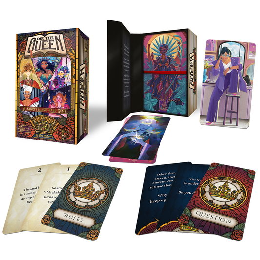 For the Queen storytelling game, Darrington Press narrative game, collaborative roleplaying card game, Critical Role story game, prompt-based RPG, relationship-building card game, 2–6 player storytelling game, quick-start narrative game, immersive roleplay card deck, creative writing tabletop game, card-based worldbuilding game, emotional roleplay experience
