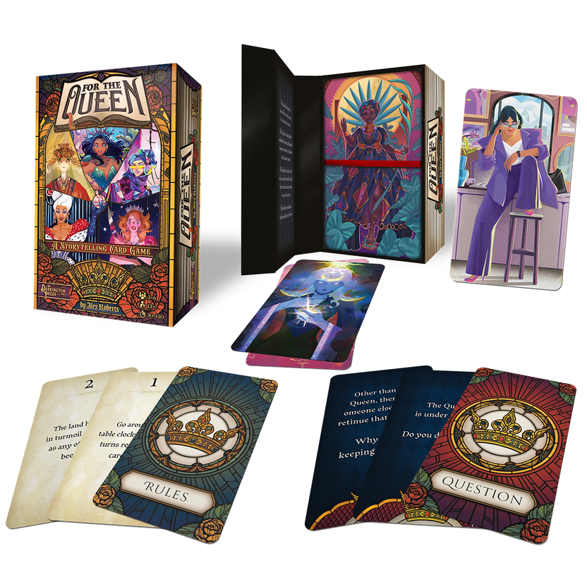 For the Queen storytelling game, Darrington Press narrative game, collaborative roleplaying card game, Critical Role story game, prompt-based RPG, relationship-building card game, 2–6 player storytelling game, quick-start narrative game, immersive roleplay card deck, creative writing tabletop game, card-based worldbuilding game, emotional roleplay experience