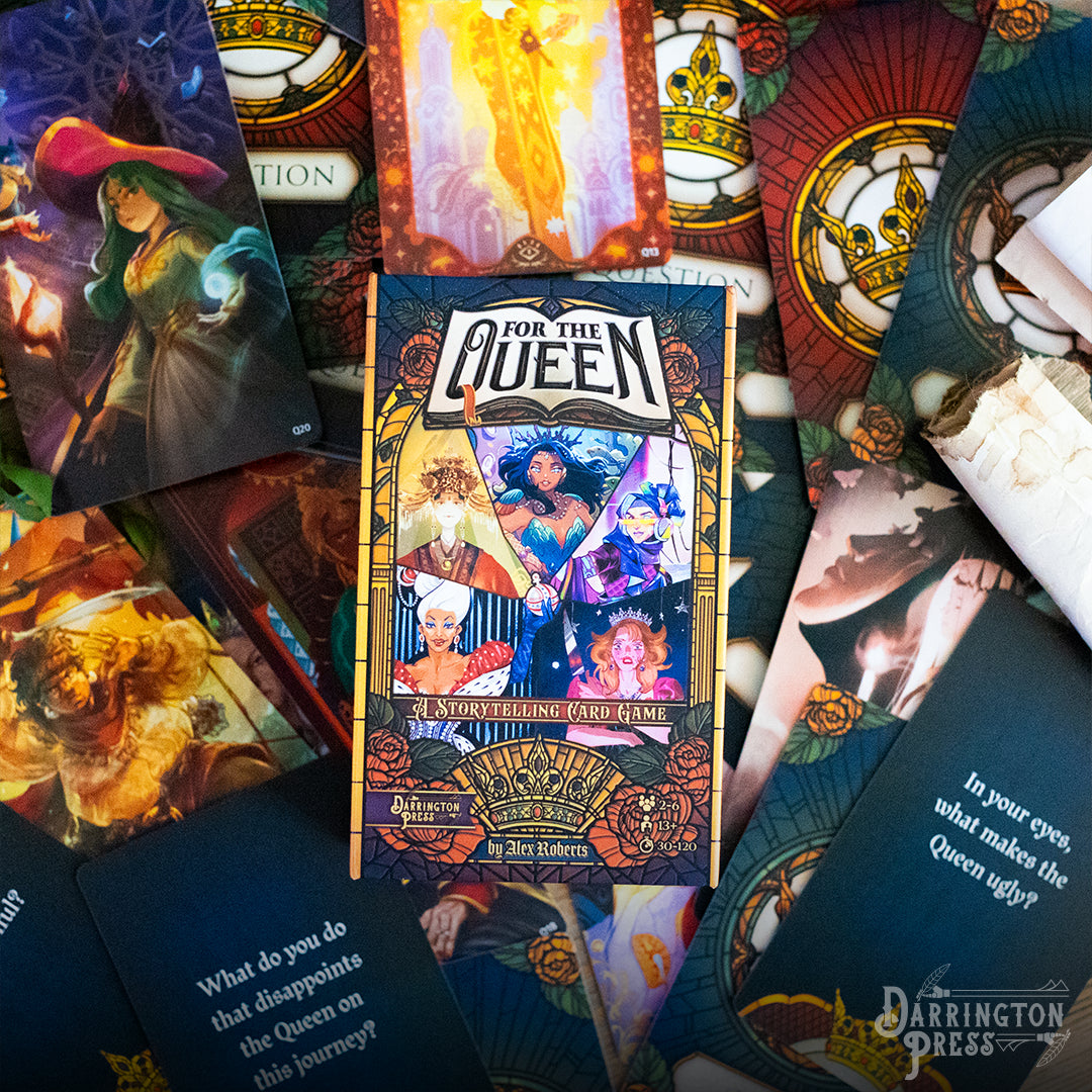 For the Queen storytelling game, Darrington Press narrative game, collaborative roleplaying card game, Critical Role story game, prompt-based RPG, relationship-building card game, 2–6 player storytelling game, quick-start narrative game, immersive roleplay card deck, creative writing tabletop game, card-based worldbuilding game, emotional roleplay experience