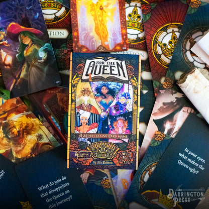For the Queen storytelling game, Darrington Press narrative game, collaborative roleplaying card game, Critical Role story game, prompt-based RPG, relationship-building card game, 2–6 player storytelling game, quick-start narrative game, immersive roleplay card deck, creative writing tabletop game, card-based worldbuilding game, emotional roleplay experience
