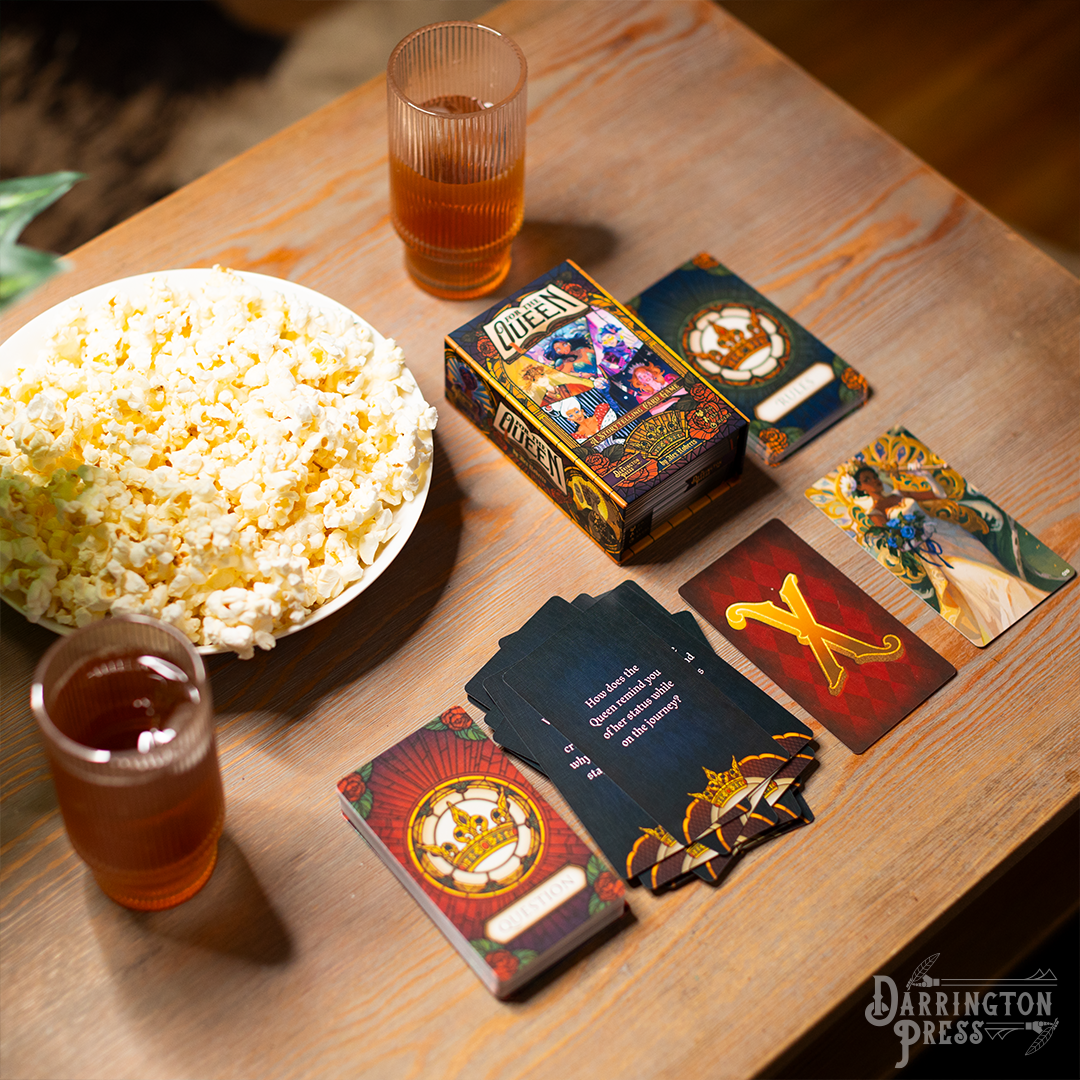 For the Queen storytelling game, Darrington Press narrative game, collaborative roleplaying card game, Critical Role story game, prompt-based RPG, relationship-building card game, 2–6 player storytelling game, quick-start narrative game, immersive roleplay card deck, creative writing tabletop game, card-based worldbuilding game, emotional roleplay experience