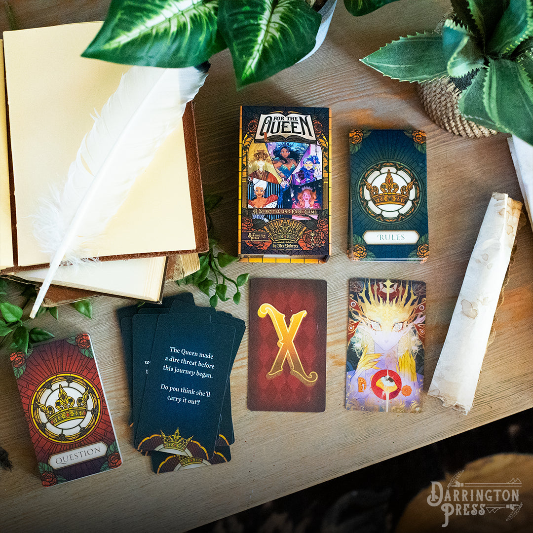 For the Queen storytelling game, Darrington Press narrative game, collaborative roleplaying card game, Critical Role story game, prompt-based RPG, relationship-building card game, 2–6 player storytelling game, quick-start narrative game, immersive roleplay card deck, creative writing tabletop game, card-based worldbuilding game, emotional roleplay experience