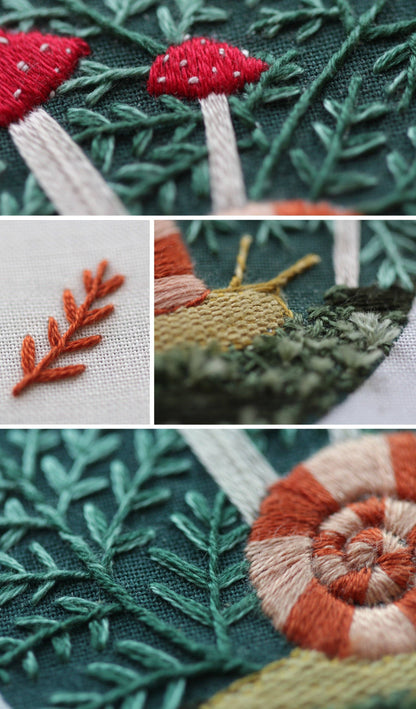 forest floor embroidery sampler, woodland embroidery kit, textured embroidery stitches, Kiriki Press stitch sampler, learn hand embroidery, nature-inspired needlework kit, DMC floss embroidery project, embroidery for beginners, forest theme embroidery, embroidery hoop art