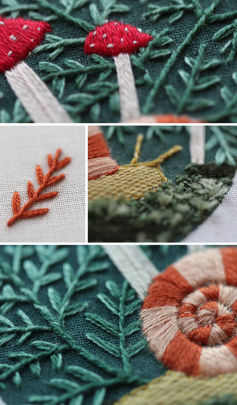 forest floor embroidery sampler, woodland embroidery kit, textured embroidery stitches, Kiriki Press stitch sampler, learn hand embroidery, nature-inspired needlework kit, DMC floss embroidery project, embroidery for beginners, forest theme embroidery, embroidery hoop art