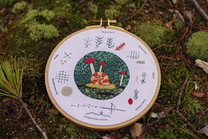 forest floor embroidery sampler, woodland embroidery kit, textured embroidery stitches, Kiriki Press stitch sampler, learn hand embroidery, nature-inspired needlework kit, DMC floss embroidery project, embroidery for beginners, forest theme embroidery, embroidery hoop art