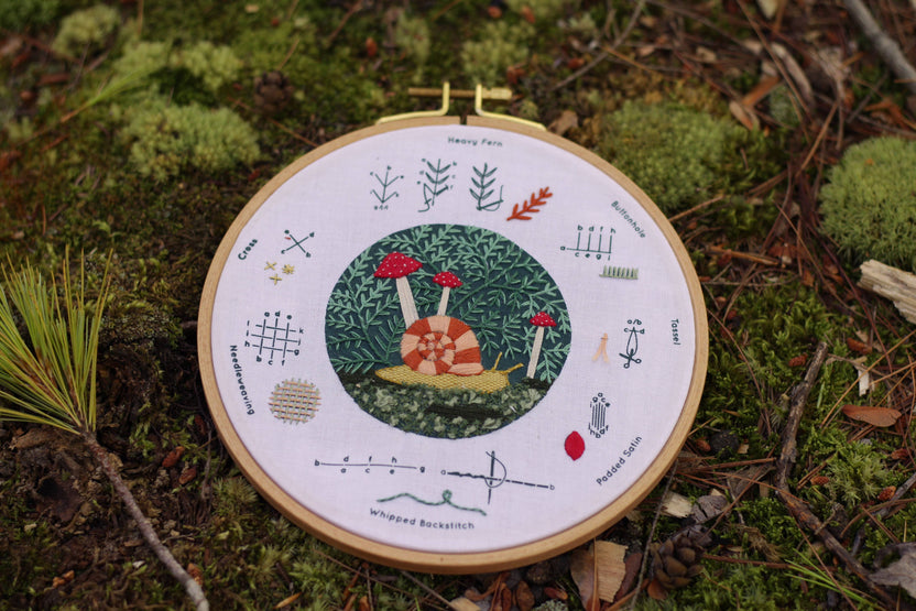 forest floor embroidery sampler, woodland embroidery kit, textured embroidery stitches, Kiriki Press stitch sampler, learn hand embroidery, nature-inspired needlework kit, DMC floss embroidery project, embroidery for beginners, forest theme embroidery, embroidery hoop art