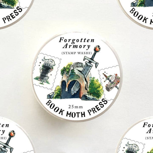 forgotten armory washi tape, fantasy stamp washi tape, peaceful weapon washi, 25mm washi tape, magical forest stationery, nature inspired tape, fantasy journaling supplies, decorative scrapbooking tape, art supply for RPG lovers, laid down swords washi