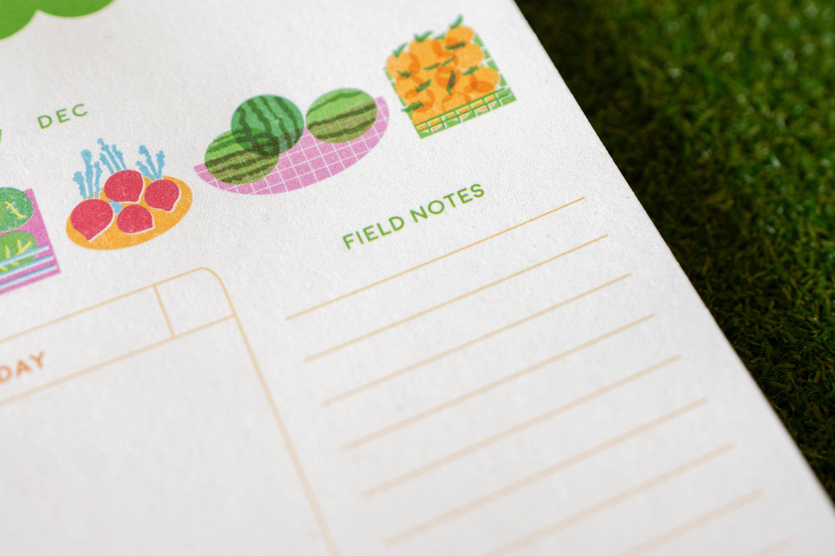 Colorful seasonal produce illustrations on the Freshly Planned weekly planner