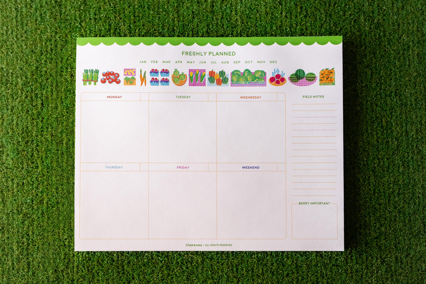 Full view of the undated Freshly Planned weekly desk planner