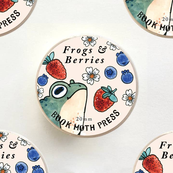 frogs and berries washi tape, cottagecore washi tape, frog aesthetic stationery, 20mm washi tape, goblincore journaling supplies, gifts, magical frog washi, whimsical tape for scrapbooking, nature theme washi tape, cute frog art supply