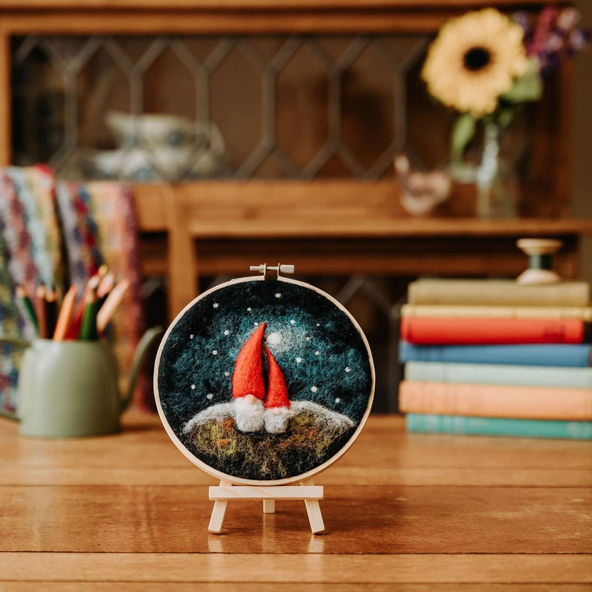 gnome needle felting kit, diy gnome craft kit, beginner needle felting project, felted gnome wall art, 2D felting kit with hoop, wool felting kit for adults, crafty kit company gnome kit, handmade in Scotland craft, hoop needle felting decor, gnome art kit